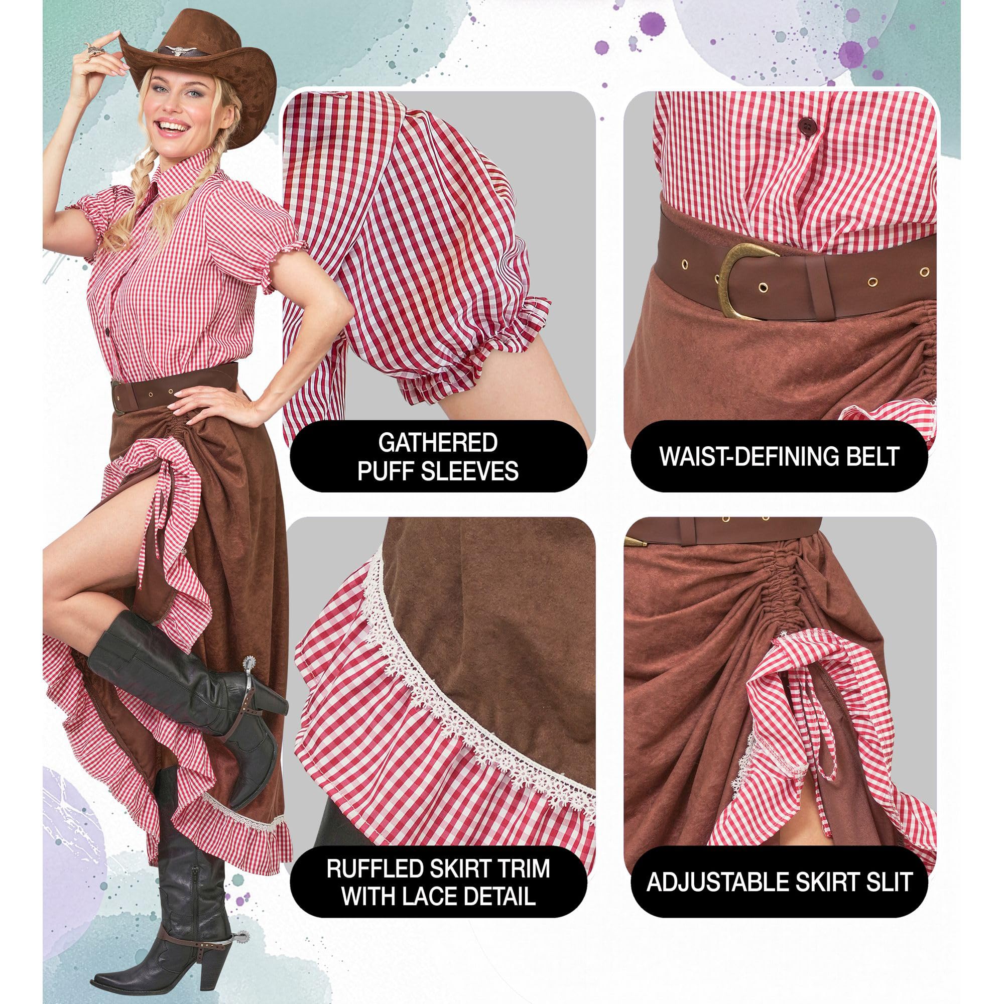 W WIDMANN MILANO Party Fashion - Cowgirl Kostüm Damen | 3-teiliges Set mit Bluse, Rock und Gürtel für Karneval, Western-, Country- und Mottopartys