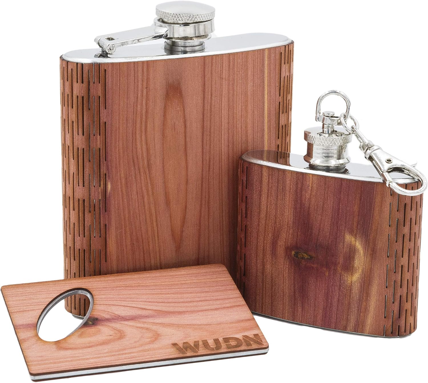 3-Piece Wooden Bar Set - 6 oz Hip Flask, 2 oz Keychain Flask & Credit Card Bottle Opener in Black Walnut
