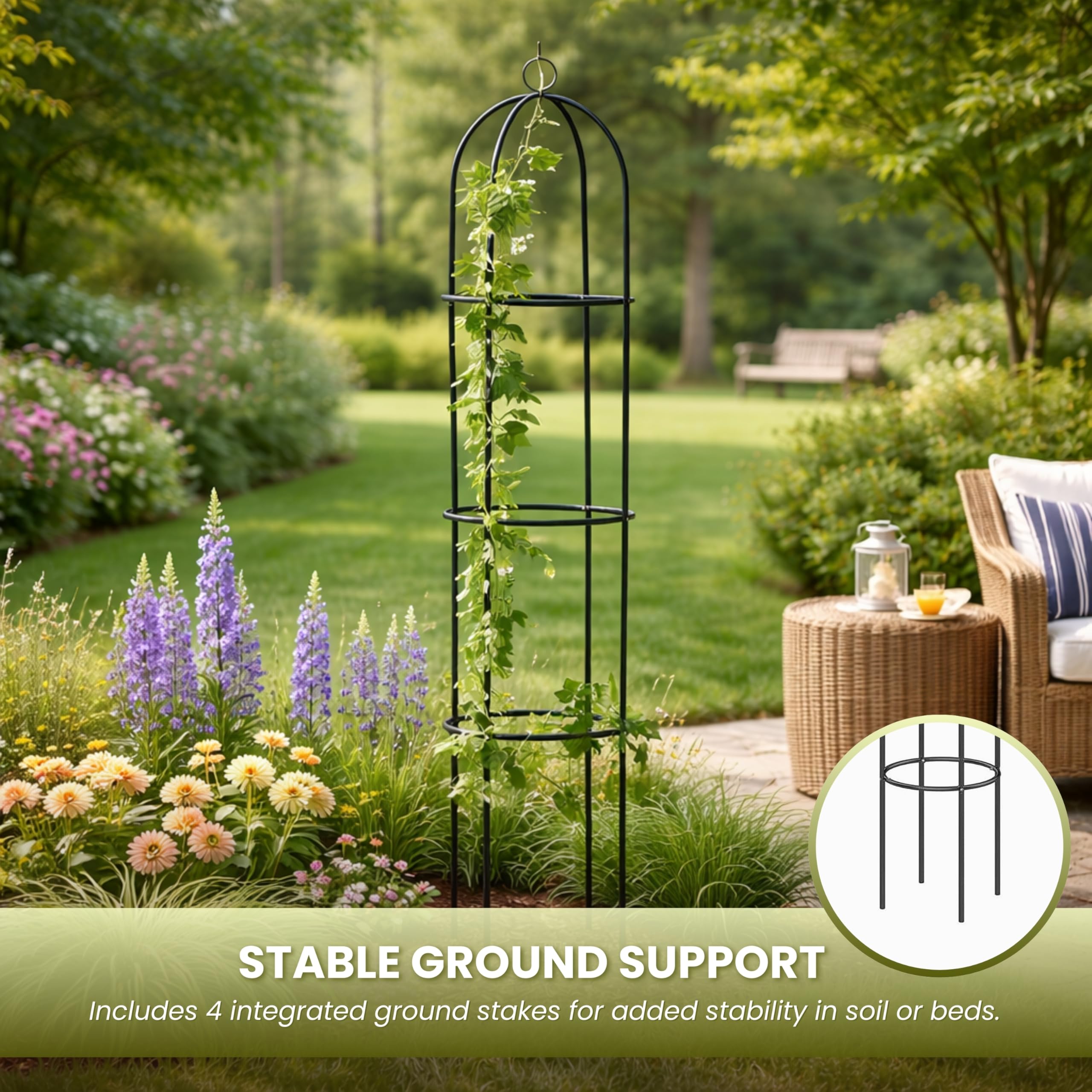 Garden Mile 2X Grand 2M Noir Métal Jardin Obélisque Résistant Solide Tubulaire Plante Cage pour Roses, Plantes Grimpantes Soutien Structure Décoration De Jardin