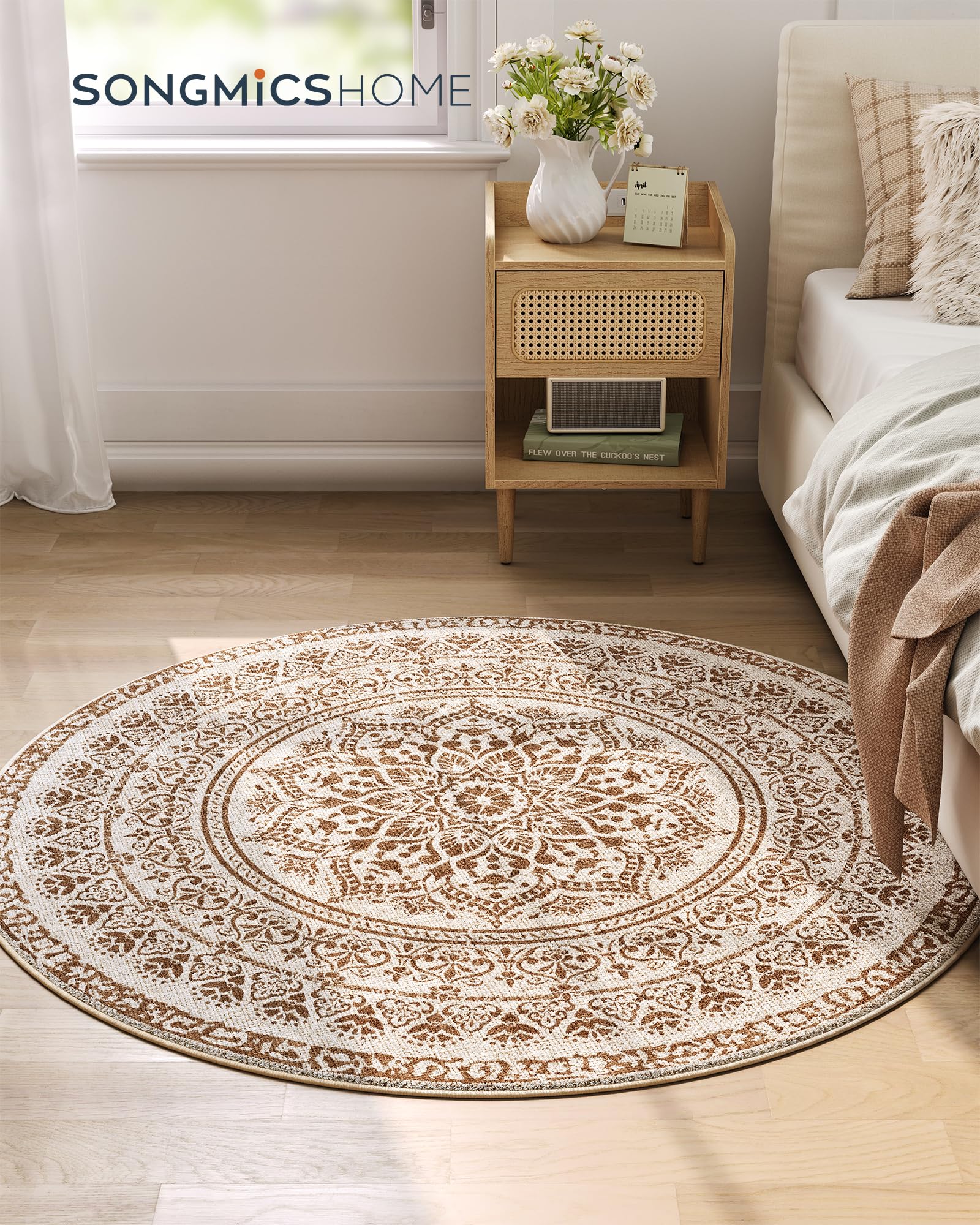 SONGMICS HOME Alfombra, Diámetro de 120 cm, Alfombra Redonda Antideslizante, Decoración del Hogar, para Salón, Dormitorio, Lavable a Máquina, Estilo Boho, Beige Capuchino TAR051K01