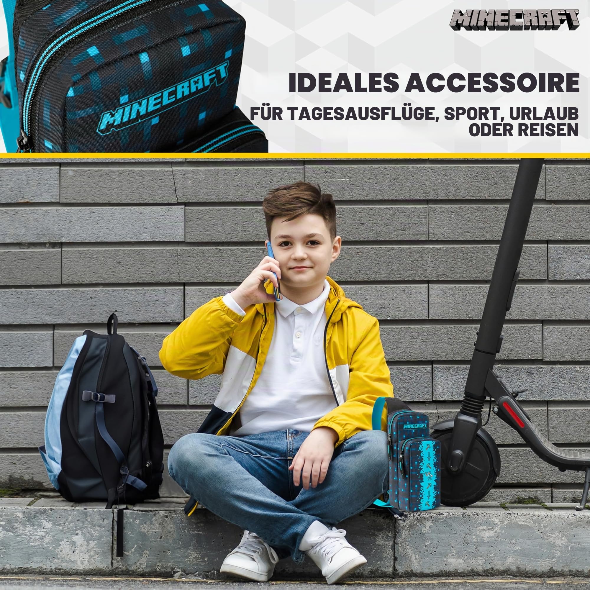 Minecraft Sling Bag Kinder, Brusttasche Umhängetasche mit Reißverschluss & Verstellbarem Gurt Geschenke für Jungs