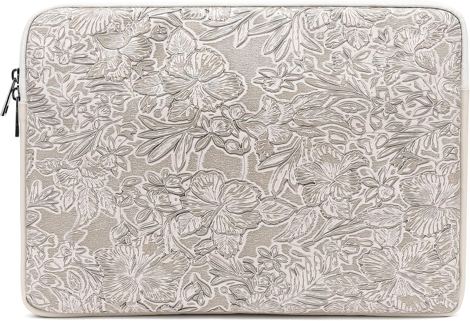 Canvaslove Embossing Floral Pattern PU Leather Laptop Sleeve Case with Pocket for MacBook Pro 14 inch and 14 inch-14.4 inch HP, Lenovo, Dell, ASUS, Acer Notebook Computer (Ivory White)