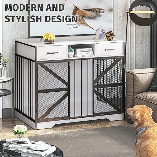 Miniatura 6 de Mueble grande de 44 pulgadas para perros, soporte de madera resistente para televisión con 2 cajones, muebles decorativos multifuncionales para