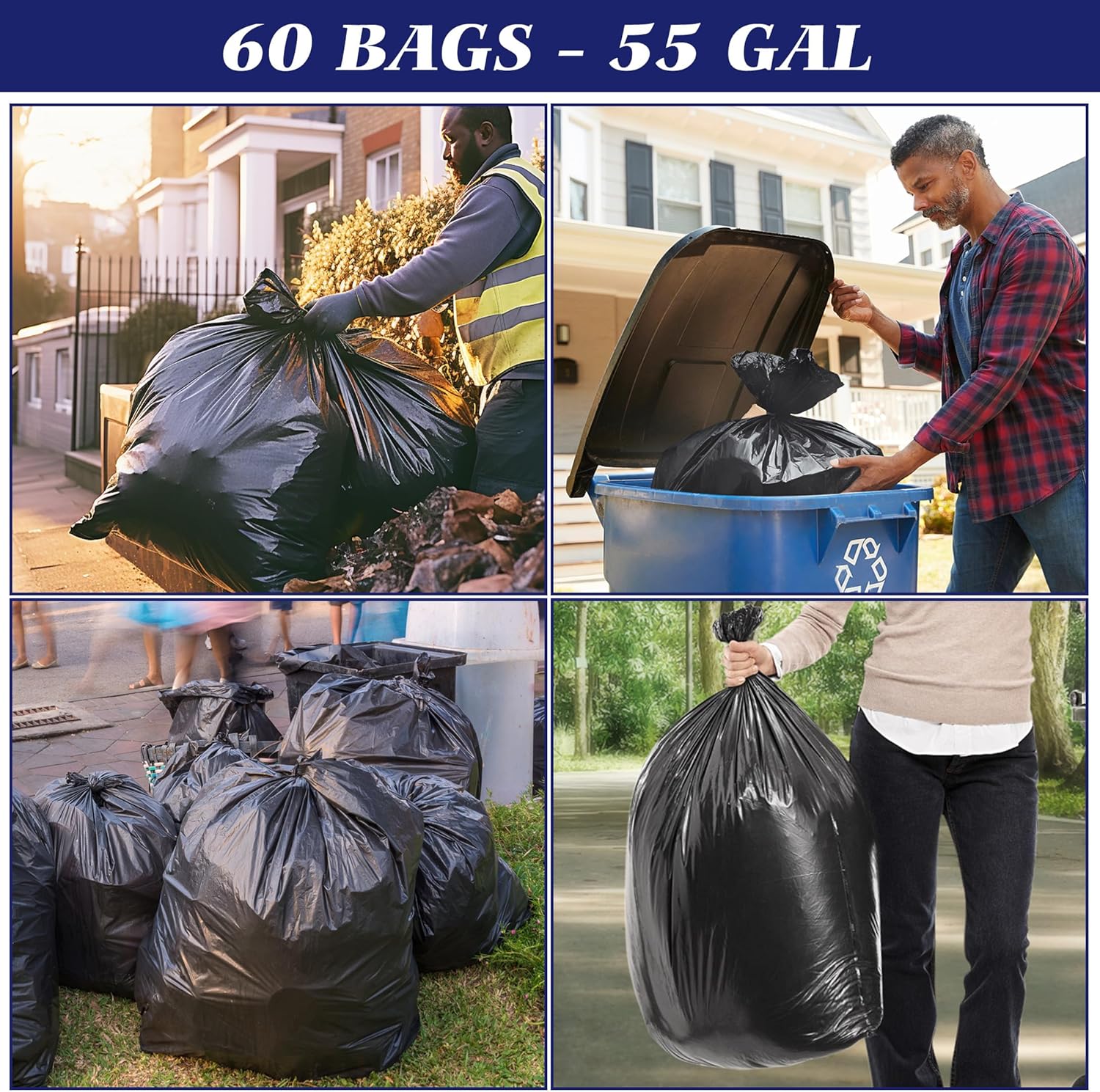 Teivio Trash Bags, 55-60 Gallon, 60 Count, Black, for Bathroom, Office, Industrial, Commercial, Janitorial, Municipal, Recycling