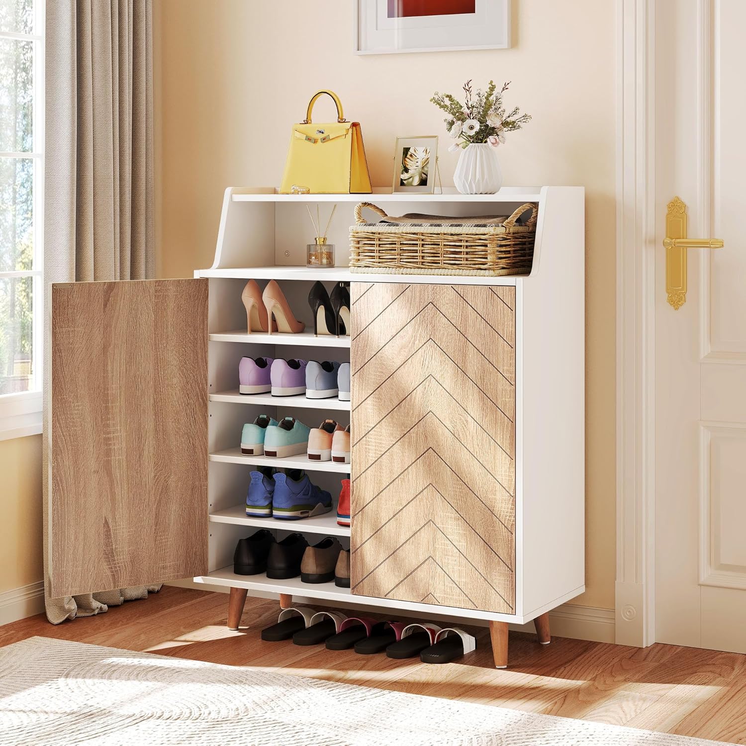 YITAHOME Shoe Cabinet with Doors, 5-Tier Shoe Storage Cabinet with Open Shelves, Large Capacity Wooden Shoes Rack Organizer with Pine Wood Legs for Entryway Hallway Closet, White & Oak Color