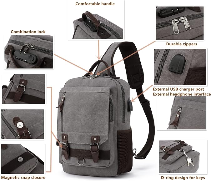 Leaper Canvas Messenger Bag Anti-Theft Geometric Sling Bag with USB Floral Backpack Bundle