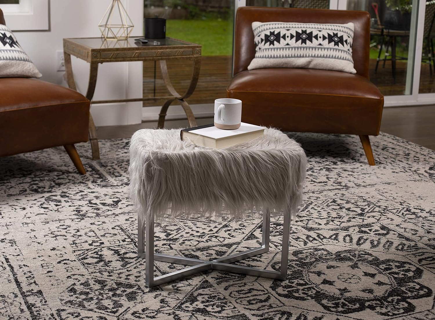 BIRDROCK HOME Rectangular Grey Faux Fur Foot Stool Ottoman with Grey Legs, Soft and Compact Padded Seat, Ideal as a Vanity Chair, Fluffy Makeup Seat for Bedroom, Modern Accent - Metal Construction