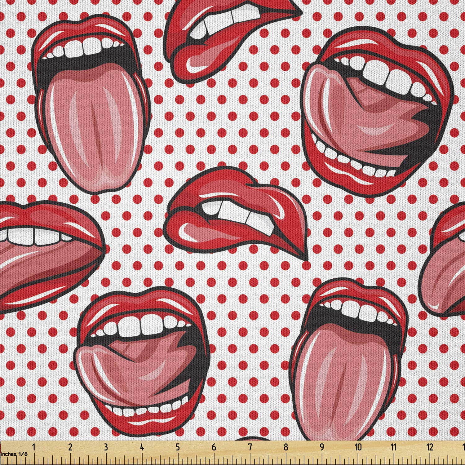 Lunarable Modern Fabric by The Yard, Pop Art Style Kiss Woman Lips Mouth on Polka Dots Vintage Graphic Print, Microfiber Fabric for Arts and Crafts Textiles & Decor, 2 Yards, White Coral