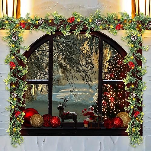 Miniatura 5 de Guirnalda de Navidad artificial de 6 pies, guirnalda de hoja de ciprés sintética con 20 luces LED, bayas rojas y piñas, hojas verdes y amarillas,