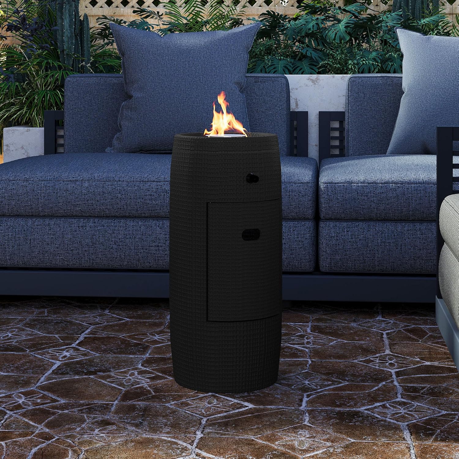 HOMPUS Propane Fire Pit Patio, Portable Concrete Gas Fire Pit for Outdoor Leisure Party, 15,000 BTU 11-inch Round Column Small with Lava Rocks and Rain Cover for Deck or Backyard, CSA Certified, Grey