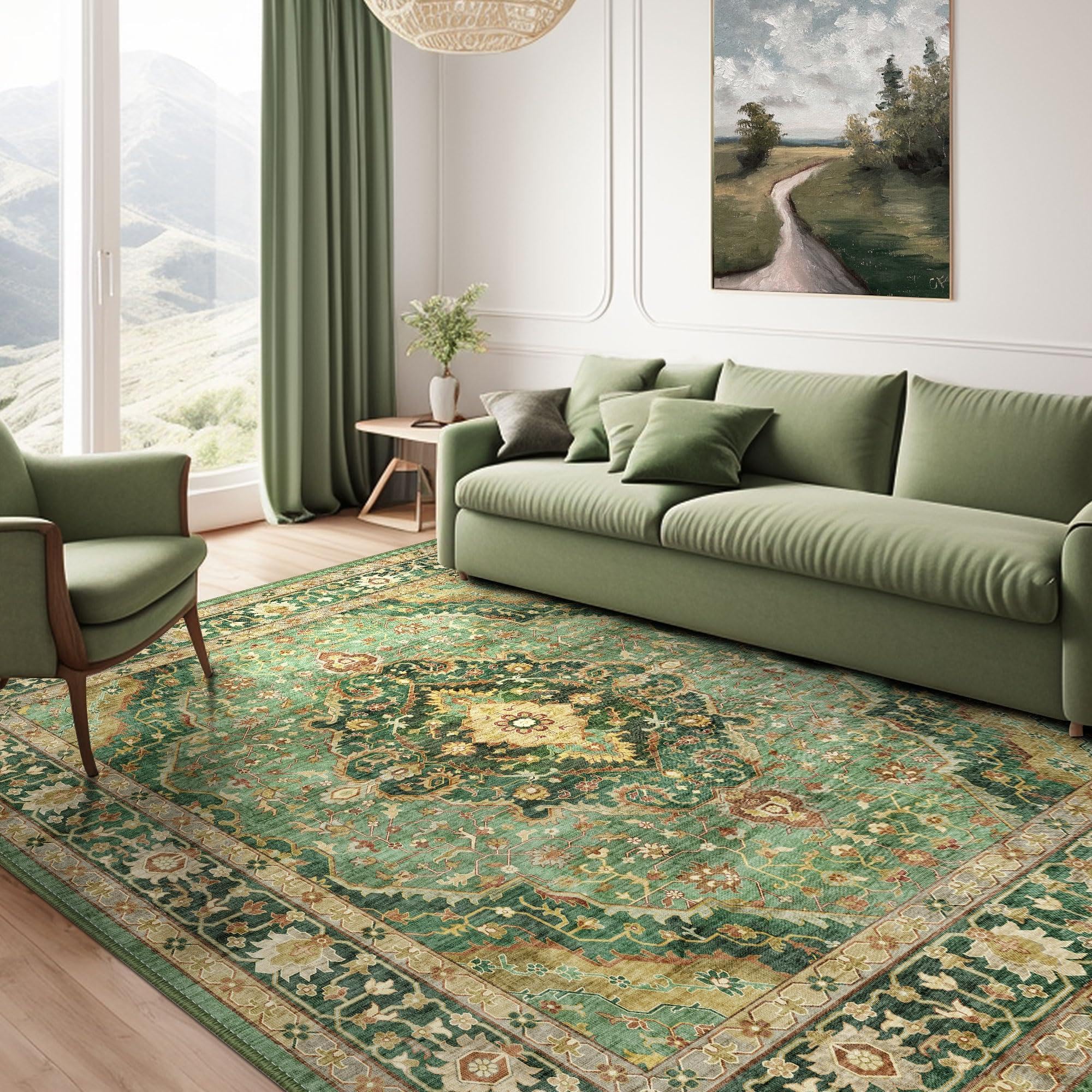 Grüner Teppich, Teppich für Wohnzimmer und Schlafzimmer, waschbarer orientalischer Teppich im Vintage-Stil, rutschfeste Teppiche, Teppich im Used-Look für Esszimmer (Bordüre), 120 x 170 cm