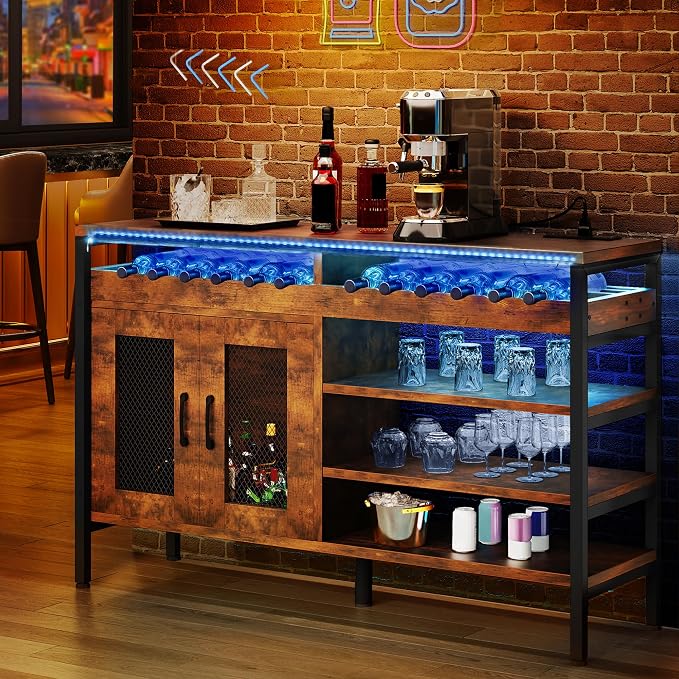 YITAHOME 55" Industrial Coffee Bar Cabinet with Led Lights and Power Outlets, Liquor Cabinet w/Doors Wine Rack Storage Metal Wood Sideboard Buffet Cabinet Wine Cabinets for Home Dining Living Room