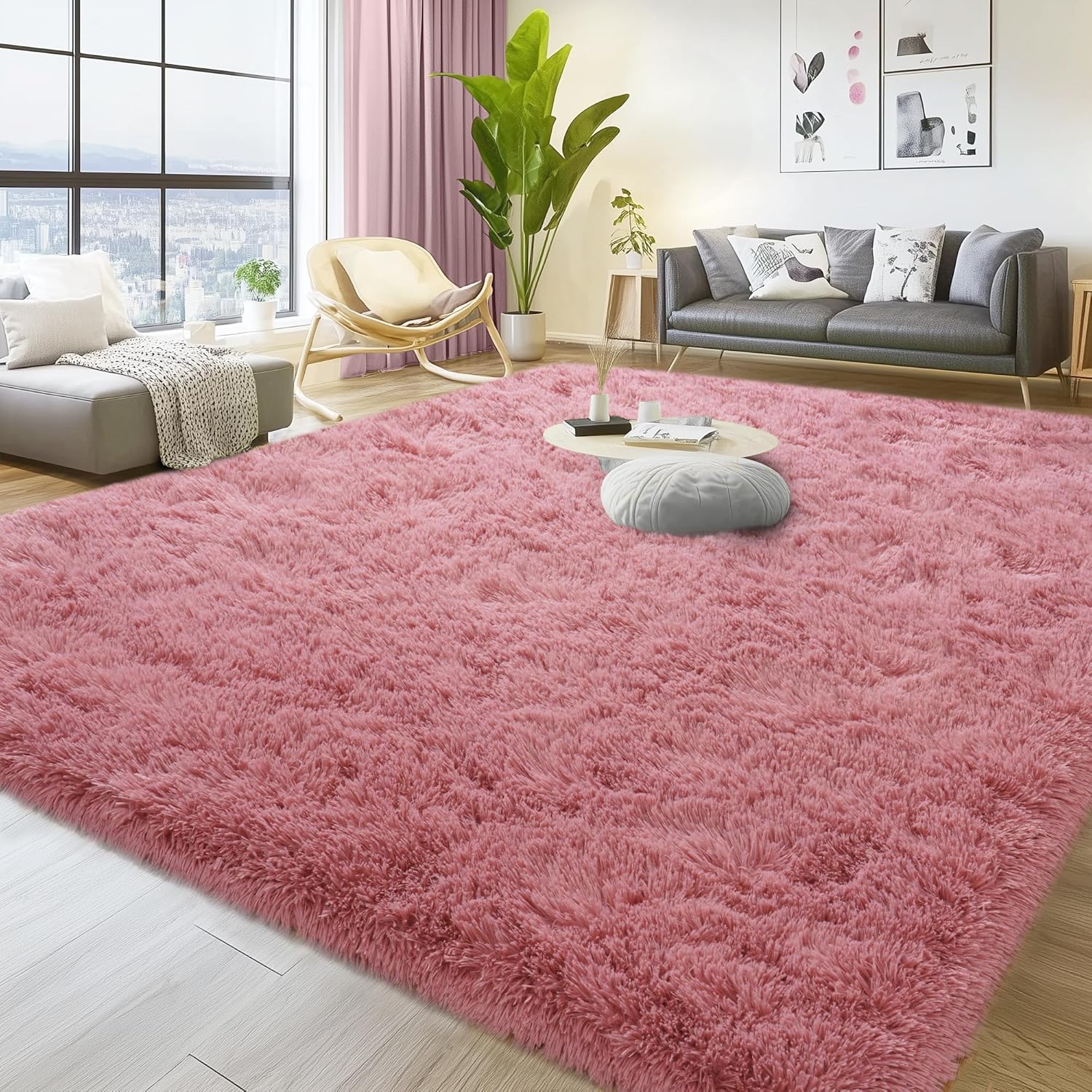 Soft Fluffy Rug for Living Room, 4x6 Cameo Pink Shag Area Rug for Bedroom Living Room, Non-Slip Fuzzy Carpet for Girls Boys Kids, Throw Rugs for Dorm, Modern Home Decor Aesthetic, Cameo Pink