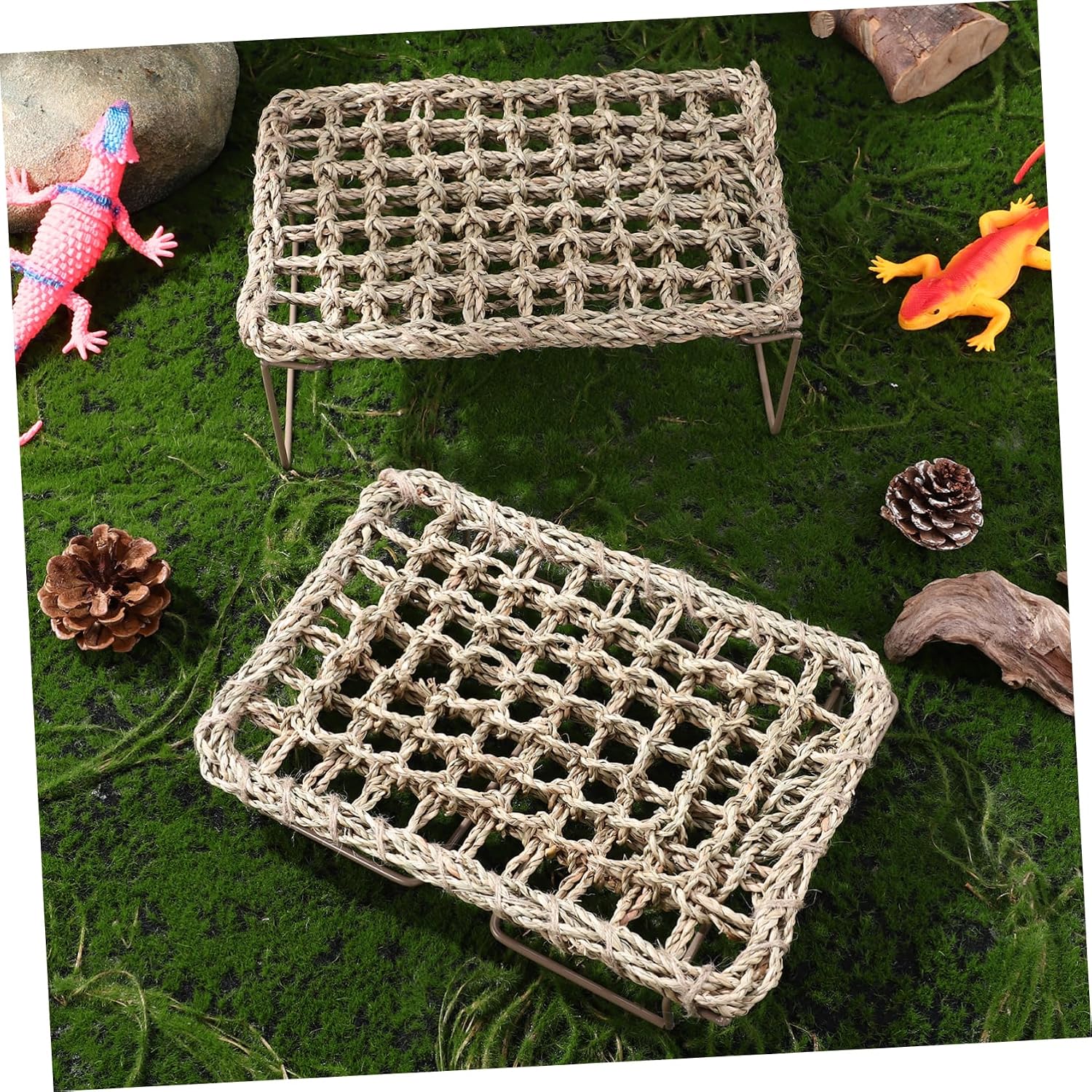 balacoo 2pcs Lizard Hammock Lounger for Reptiles Handmade Grass Bed with Sturdy Frame Bearded Dragon and Gecko Habitat Decor Easy to Clean and Durable