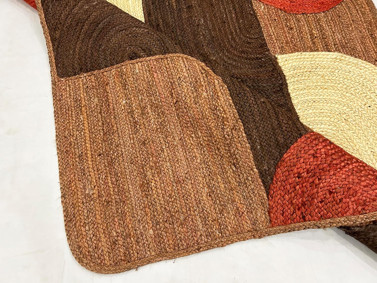 Rectangular Area Rug - 12x15 Feet Hand Braided Jute Rug Thick 0.27" Red & Brown Geometric Pattern Rugs for Bedroom, Kids Room, Home/Office Decor, Decorative Floor Carpet