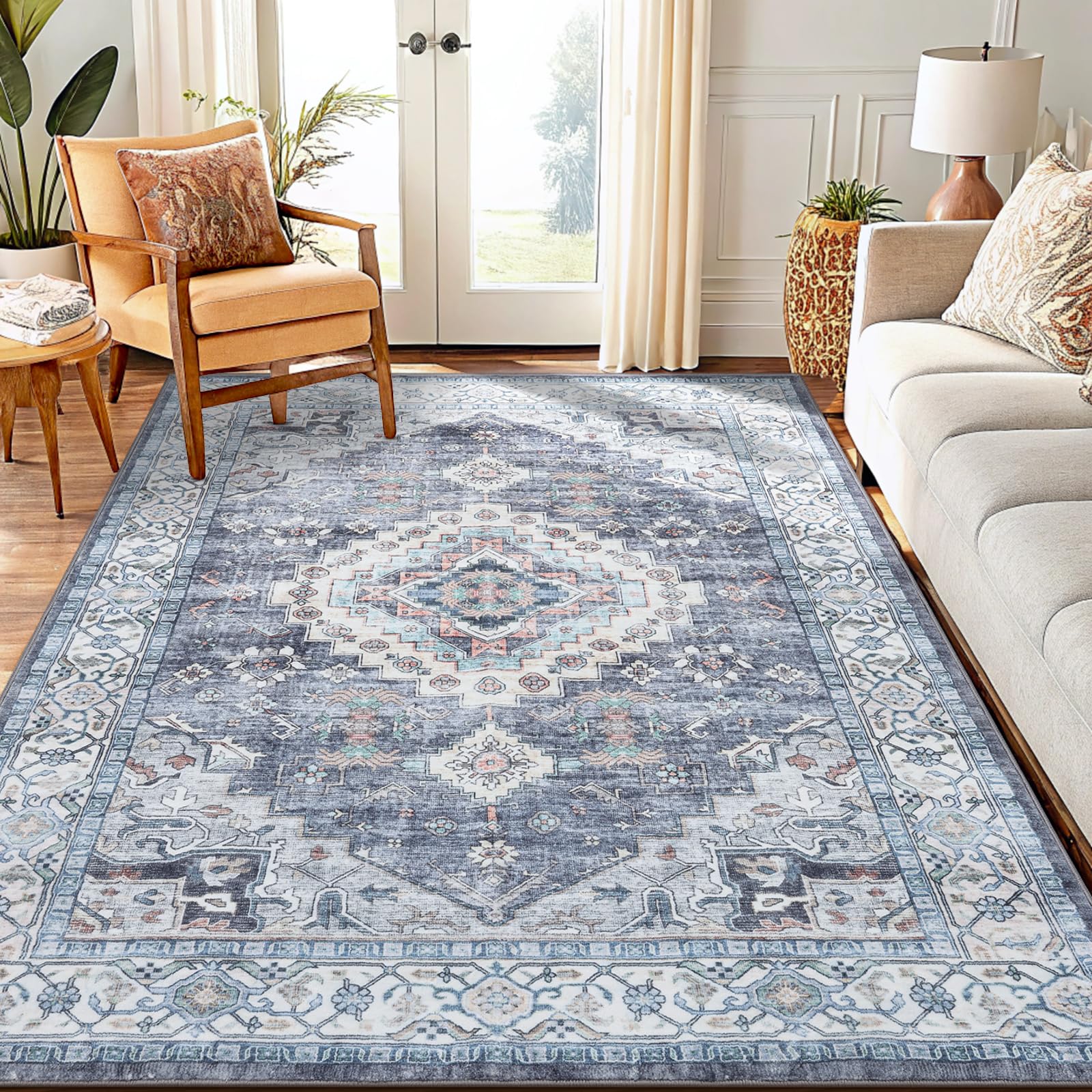 Smiry Area Rugs for Living Room Bedroom, Machine Washable 5x7 Vintage Rug, Soft Plush Bedside Floor Carpet for Farmhouse Nursery Kitchen Laundry Home