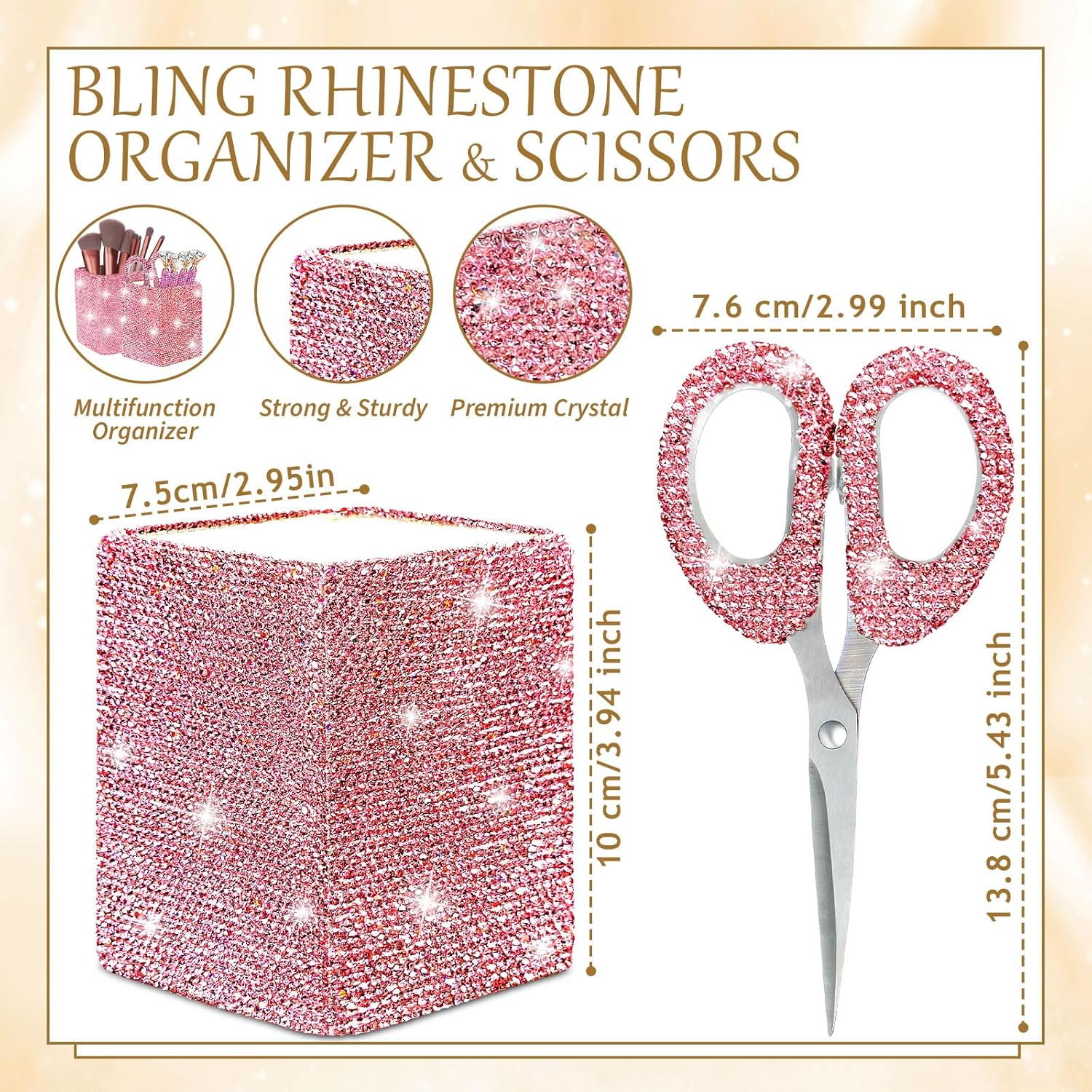 Qilery 8 Pcs Bling Desk Accessories Gift with 1 Bling Pen Holder 6 Pcs Crystal Rhinestone Pens 1 Crystal Scissors Glitter Makeup Brush Holder Valentines Gift Vanity Decor Organizer(Pink)