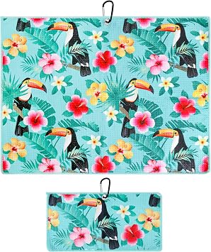 Microfiber Golf Towels for Golf Bags & Carts - Premium Weave Waffle & Ball Towels with Carabiner Clip, Essential Accessories for Men, Women, and Kids, Golfer Gifts, Set of 2 Toucan