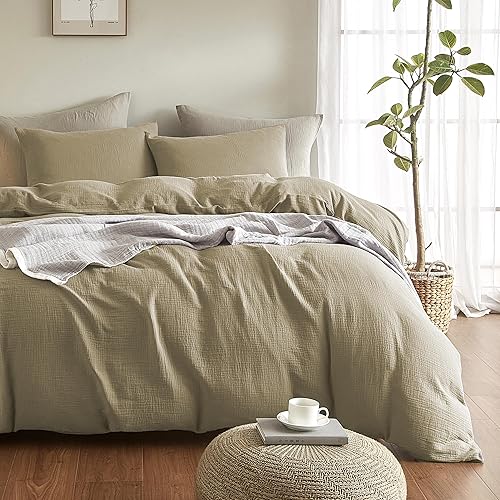 SE SOFTEXLY Juego de funda de edredón de muselina tamaño Queen, 100% algodón lavado, ultra suave como el lino, funda minimalista de 3 piezas con 2