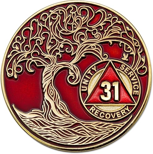 Miniatura 9 de Medallón/Ficha/Ficha de Recuperación AA Sobriety Mint de 2 Años, Árbol de la Vida Retorcido, Dorado - Negro