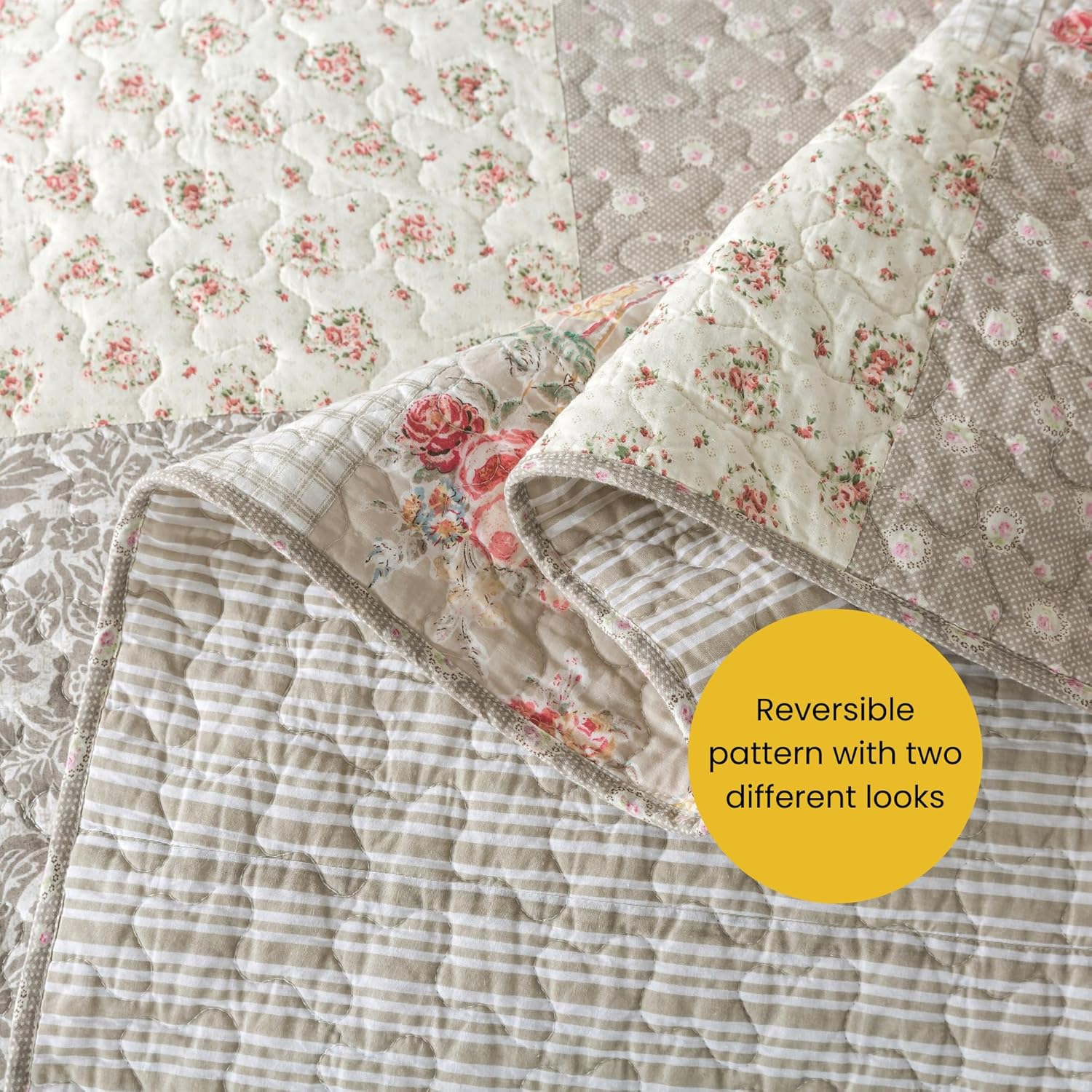 SLPR Walk in The Cotswolds Patchwork Cotton Pieced Quilt Set - Queen Size with 2 Shams, Neutral Floral & Cream Cottage Quilted Bedspread, French Country Farmhouse Bedding for All Seasons - Image 5