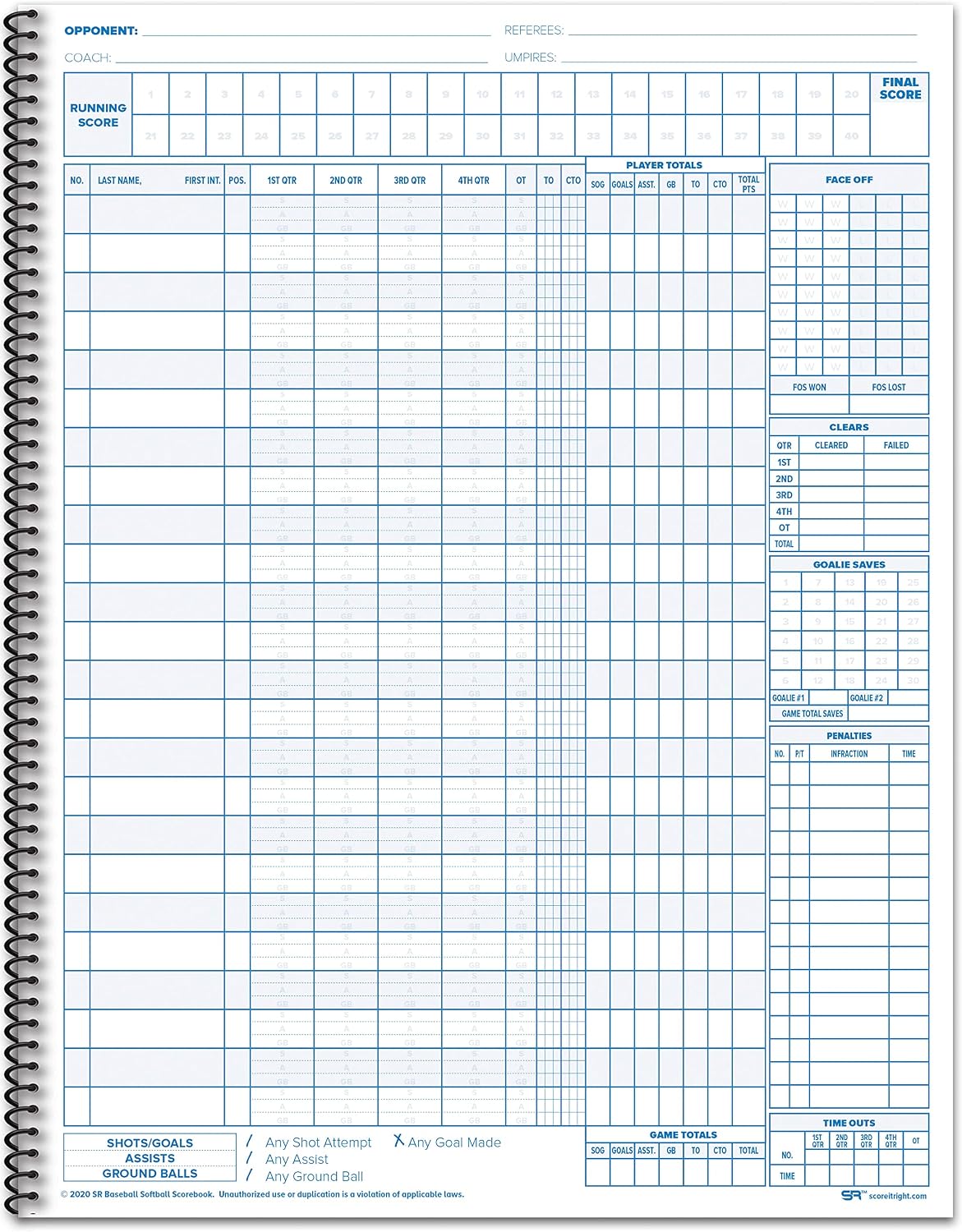 Score It Right Lacrosse Scorebook – 24-Player Men’s Score Keeping Book for 30 Games – Spiral Bound Mens Lacrosse Scorebook with Simplified Scoring Instructions – 9.25 x 12-inch Scorebook Hardcover