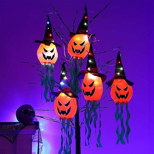 Miniatura 6 de Guirnalda de luces de Halloween para colgar al aire libre, 12 pies, 30 luces LED, 5 piezas de sombrero de bruja aterrador, calabaza, funciona con