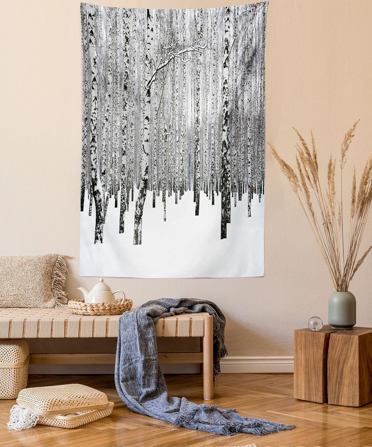 Lunarable Winter Tapestry Queen Size, Cold Season Birch Grove in The Forest Leafless Tree Branches Scenic Nature Image, Wall Hanging Bedspread Bed Cover Wall Decor, Queen Size, Brown White