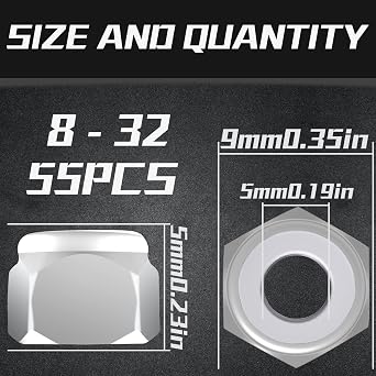 55pcs #8-32 Hex Lock Nuts, Stainless Locknuts, Hex Drive, Nylon Insert, 304 Stainless Steel(18-8 SS), Coarse Thread