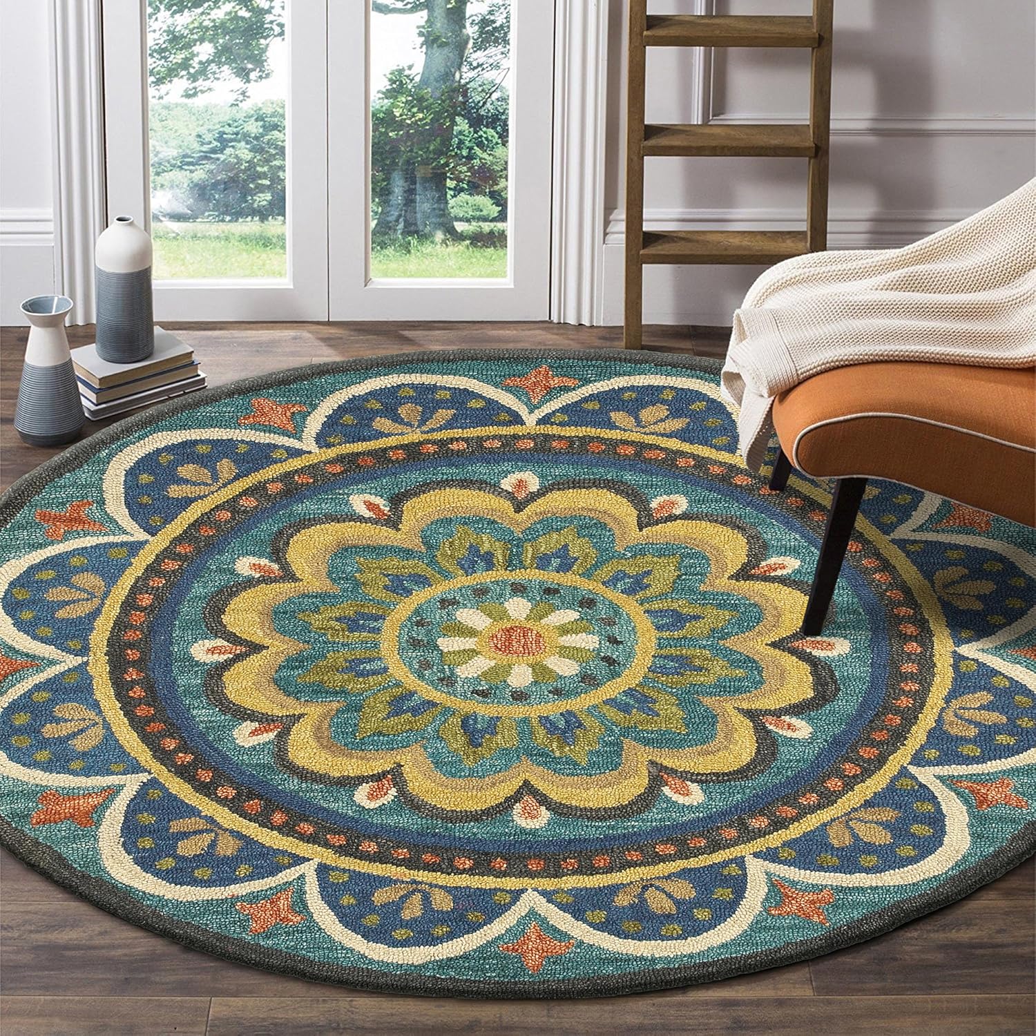 LR Home 6ft Round Indoor Wool Area Rug for Home Decor | Rugs for Living Room, Bedroom, Playroom, Entryway, Office | Hand Woven Modern Farmhouse Large Boho Area Rug for Room Decor | Blue