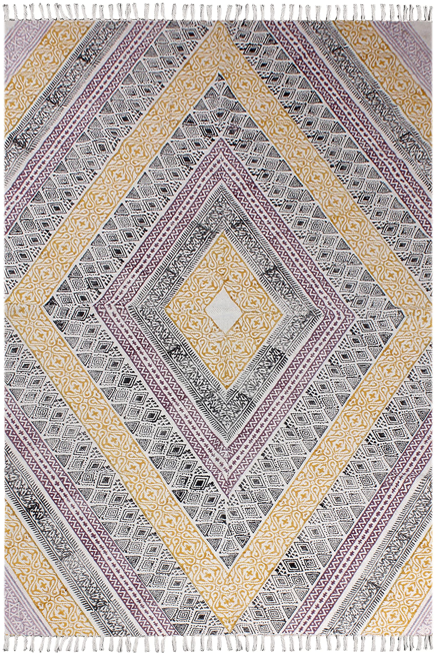 Tapis bohème fait main en coton imprimé kilim jaune et noir pour chambre chic