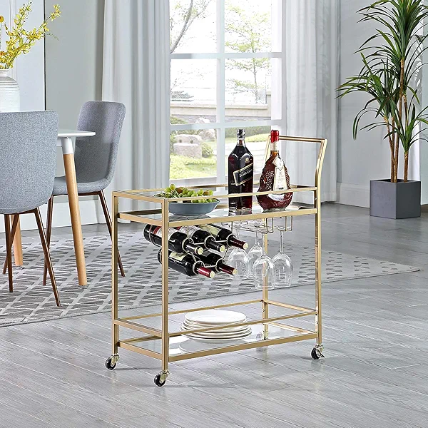 FirsTime & Co. Gold Francesca Bar Cart, 2 Tier Mobile Mini Bar, Kitchen Serving Cart and Coffee Station with Storage for Wine and Glasses, Metal and Glass, Modern