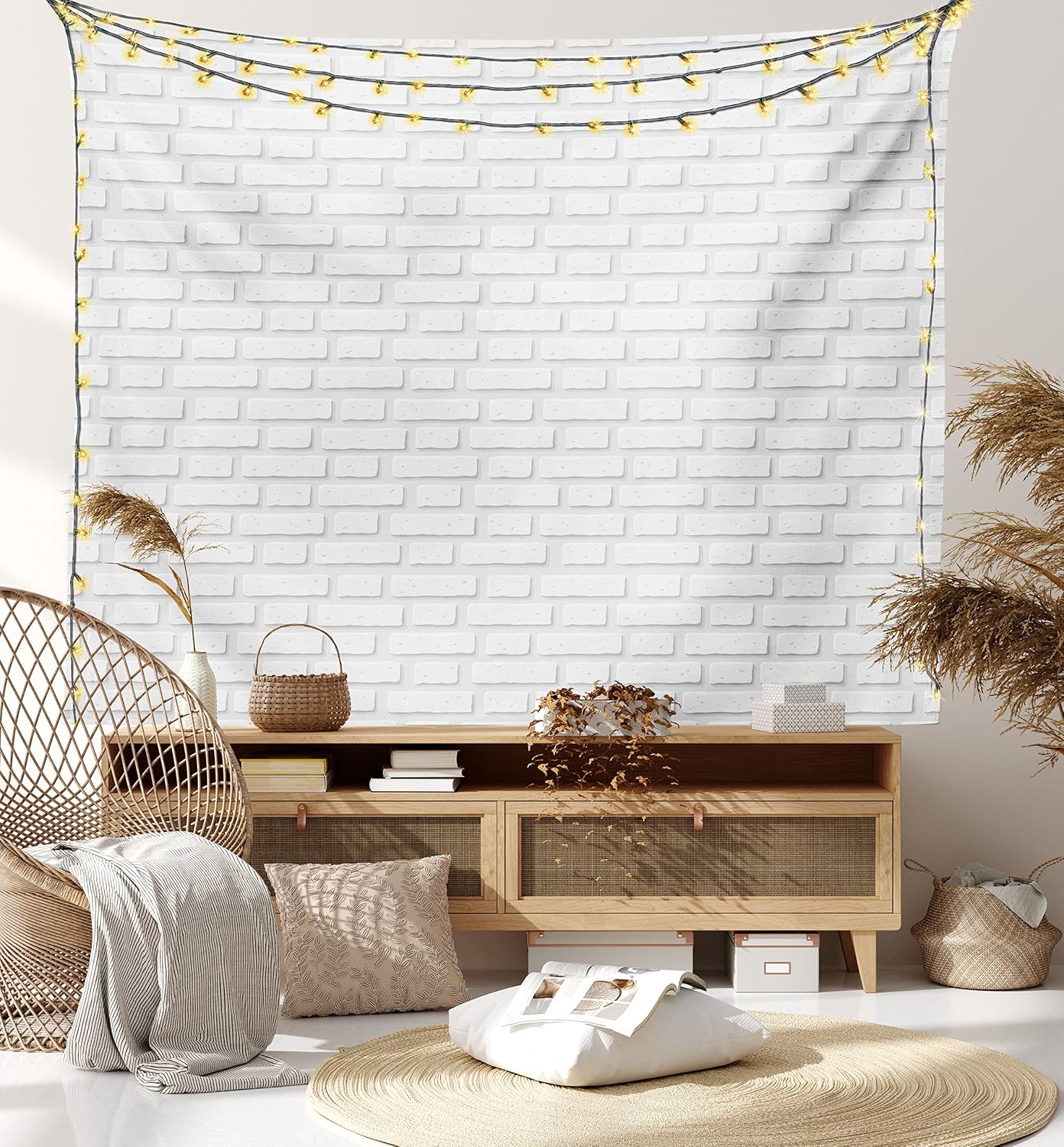 Lunarable White Tapestry Queen Size, Urban City Construction Theme with Cartoon Style Brick Wall Architecture Concept, Wall Hanging Bedspread Bed Cover Wall Decor, Queen Size, Grey White