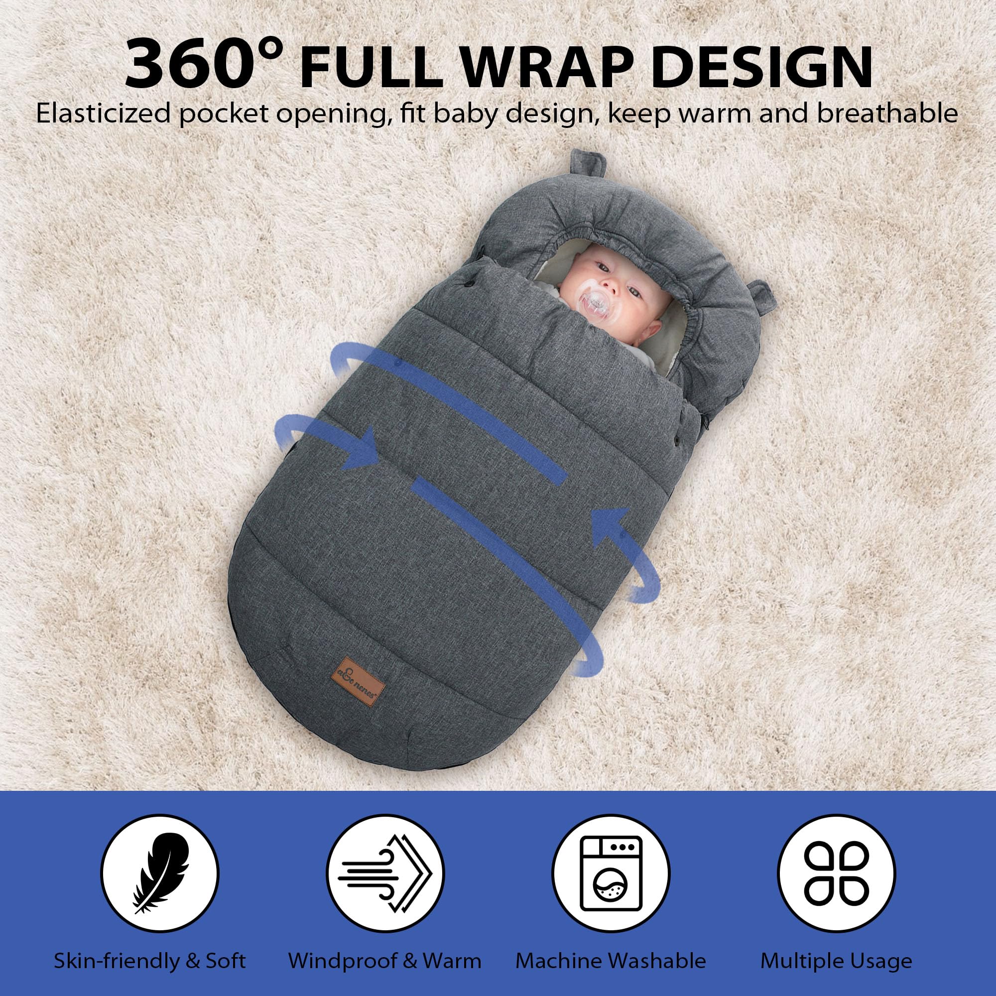 Sacco Invernale Passeggino Universale, Coprigambe Impermeabile Passeggino Termico, Sacco a Pelo per Passeggino, 90 x 52cm (Grigio Scuro)