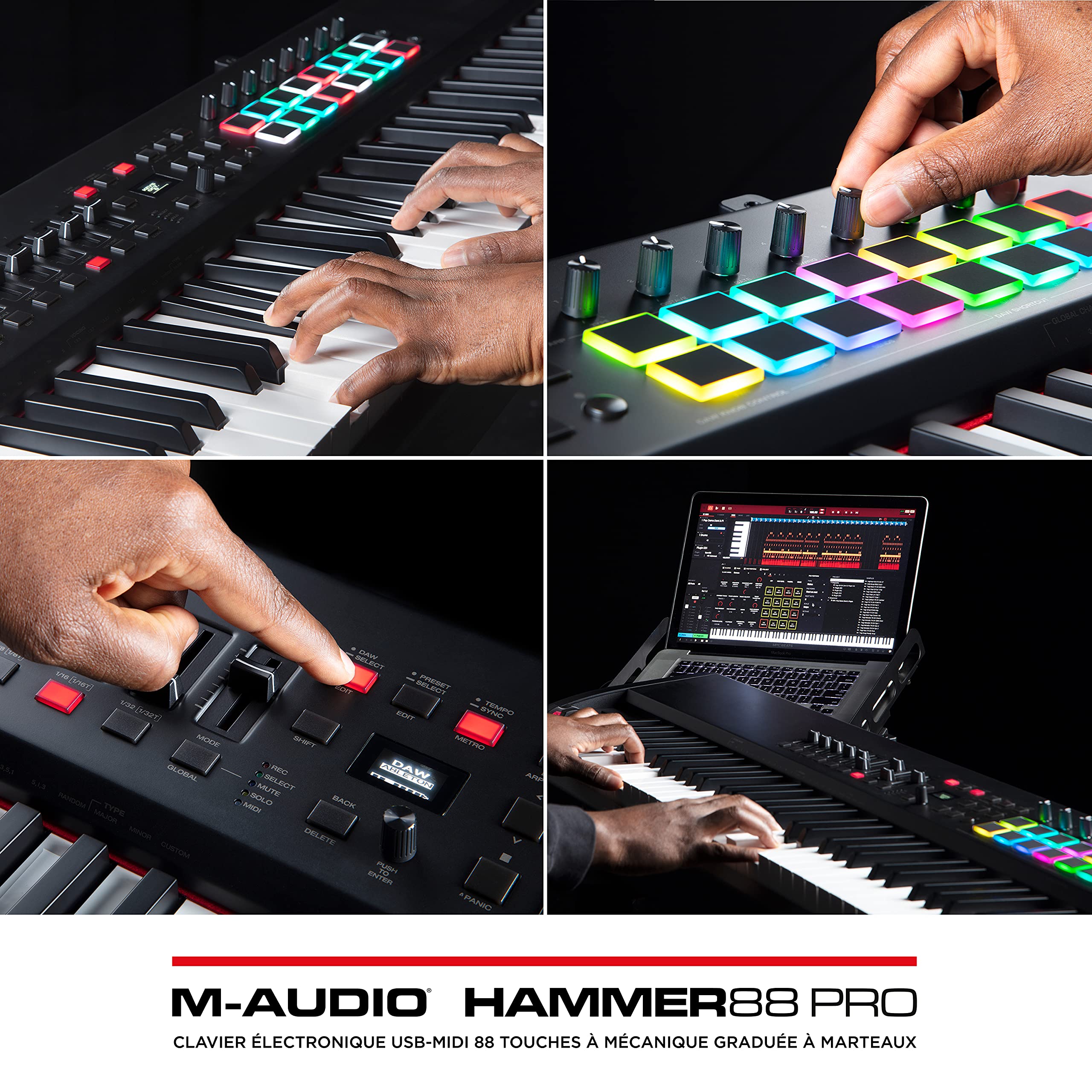 M-AUDIO Hammer 88 Pro - Clavier maître piano 88 touches MIDI USB avec touches lestées à marteaux, pads de rythme et pack de sons Native Instruments (intégration NKS)