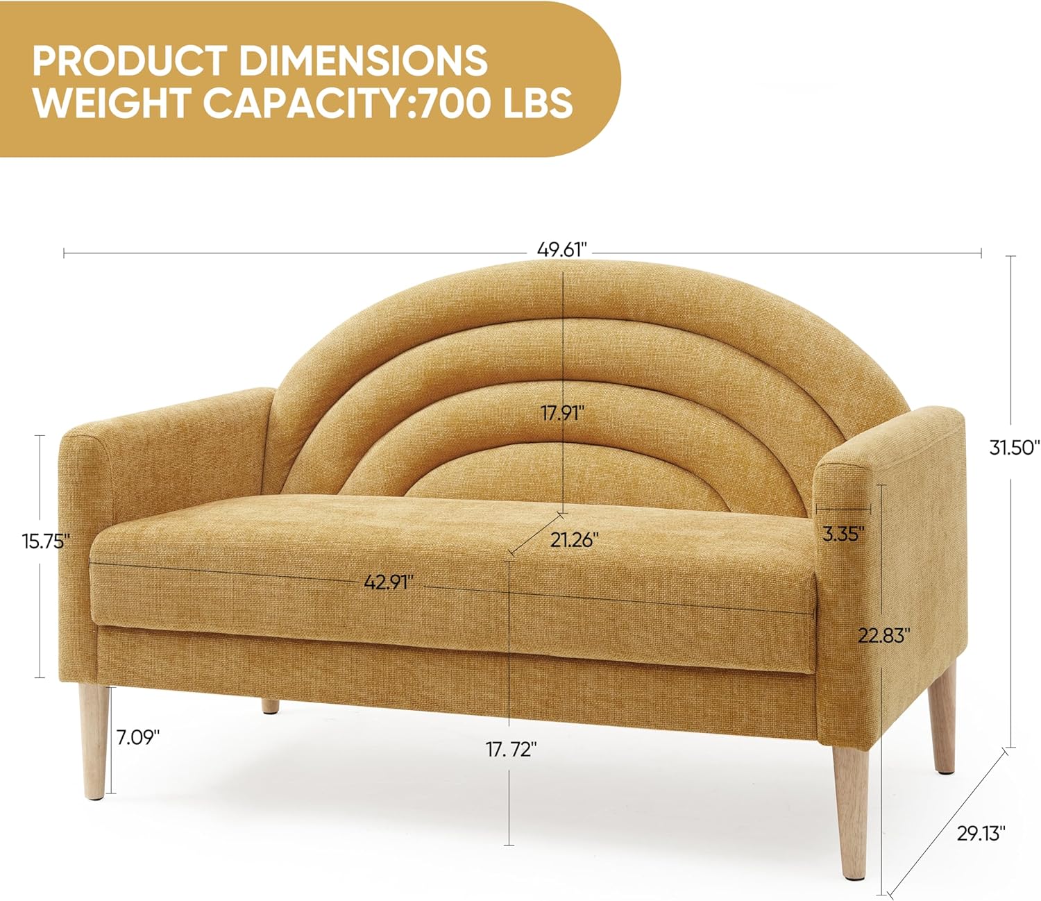 49" Small Loveseat Sofa for Small Spaces, Mid Century Modern Sofa, Linen Upholstered Furniture with Wood Frame, Mini Couch for Living Room/Bedroom/Apartment, Office Couch, Easy Assembley, Yellow