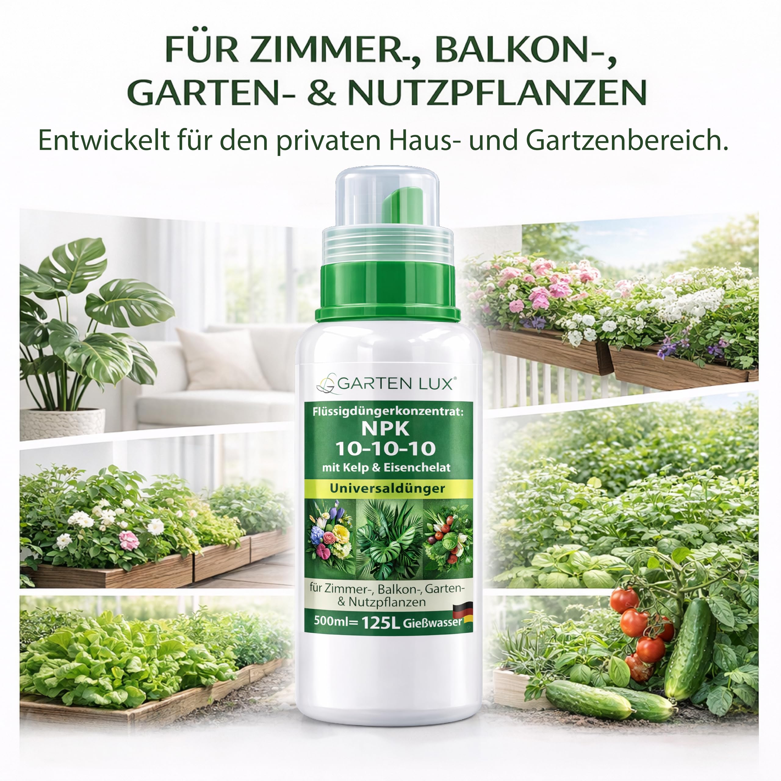 Garten Lux Fertilizante Líquido NPK 10-10-10 Concentrado con Kelp y Hierro Quelado – Abono Universal para Plantas de Interior, Jardín y Huerto Urbano – 500 ml hasta 125 L