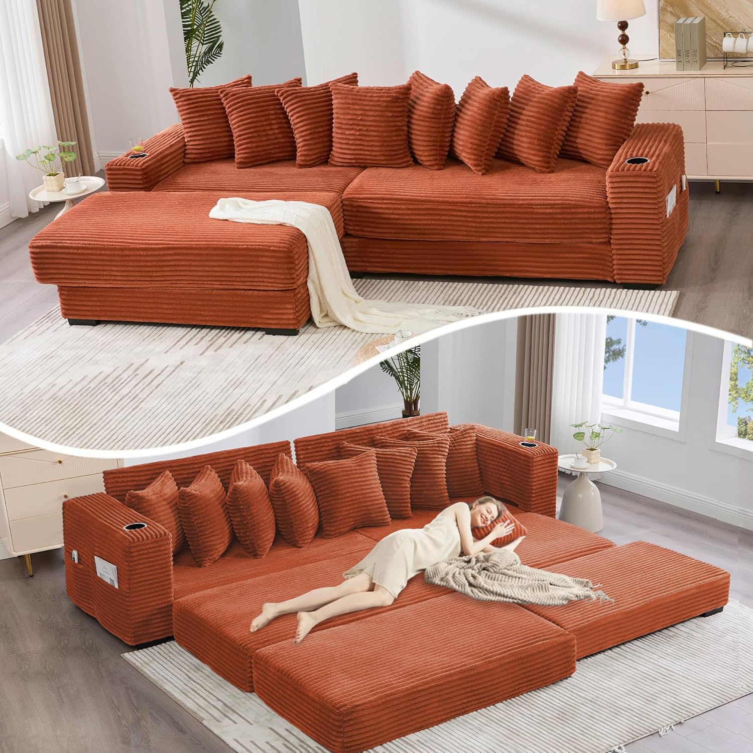111" Modular L-Shaped Sofa, Corduroy Sectional Couch, Convertible Sofa Bed with Movable Footstool, Cup Holders, 8 Pillows & Side Pockets for Living Room & Apartment,Orange