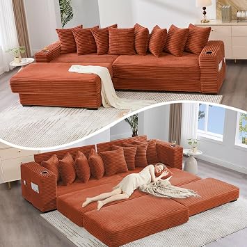 Sleeper Sofa Bed King, Corduroy Modular L Shaped Sofa, Oversized Reversible Chaise Lounge, Modern Sectional Couch with Ottoman, Cup Holder, Side Pocket, 8 Pillows, for Living Room, Orange