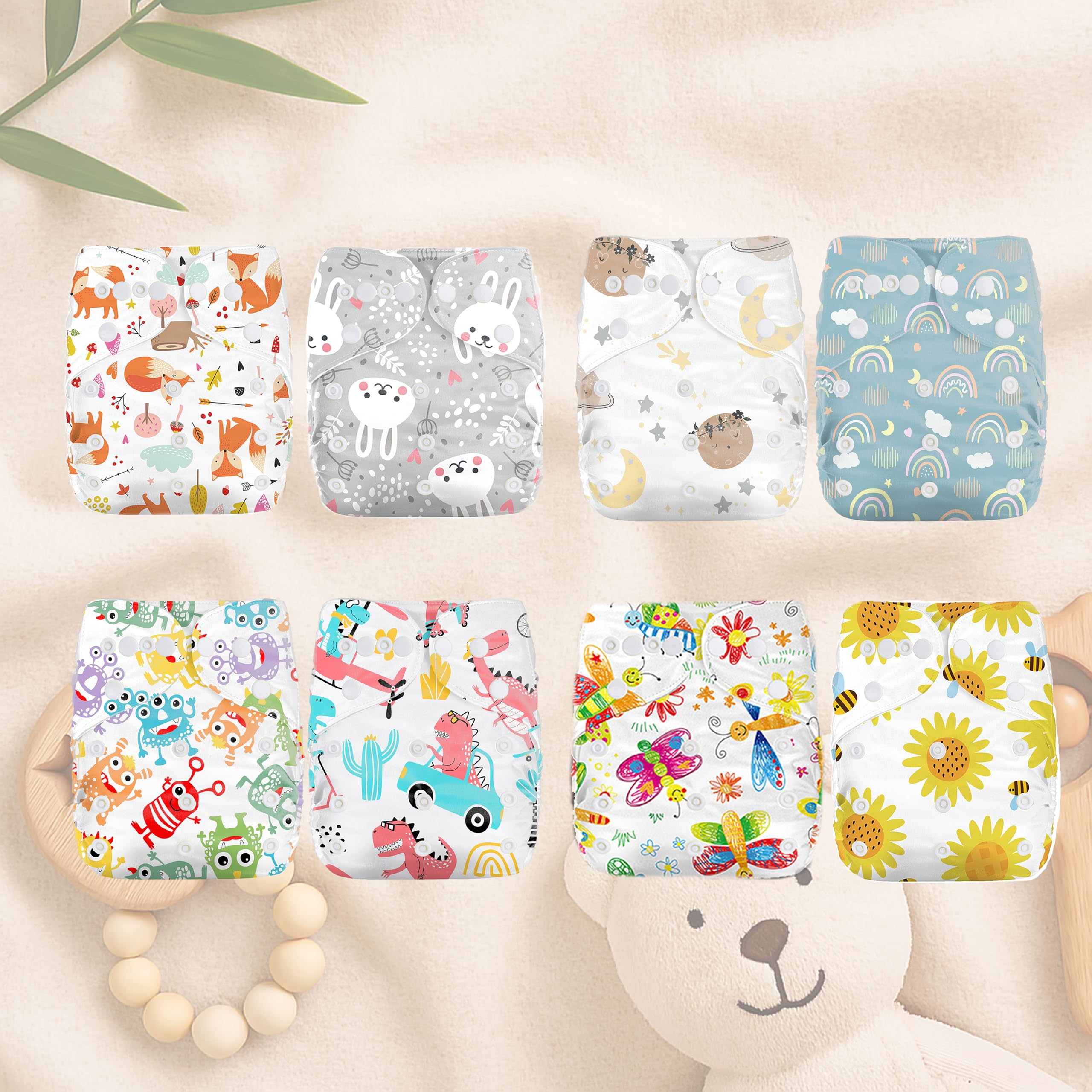 Kolo Set de couches lavable réutilisable pour bébé et bébé : 2 couches réglables avec poche intérieure Pocket + 2 inserts absorbants en bambou Taille unique unisexe 100% écologique
