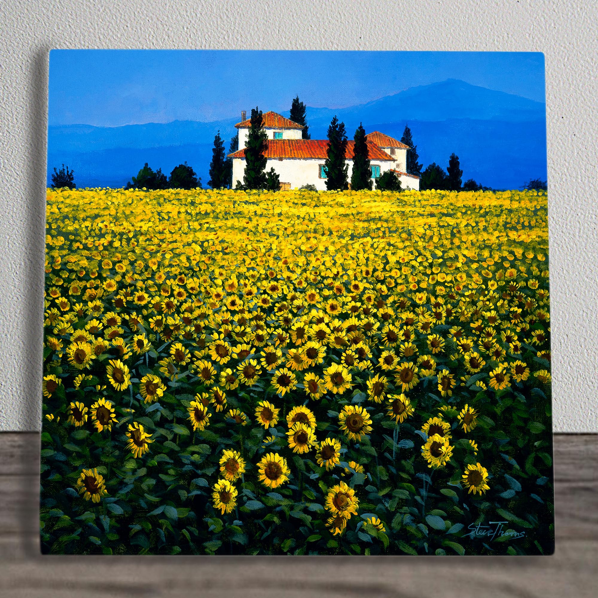 Global Designs Sunflower Field Picture Ceramic Tile Plaque Sign Floral Wall or Freestanding Art S Thoms 20x20cm