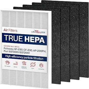 مجموعة مرشحات بديلة AP-230PH 1 HEPA + 4 مرشحات كربونية مسبقة متوافقة مع أجهزة تنقية الهواء Fellowes HF-230 وCF-230 وAP-230PH، الجزء 9370001/9372001 من LifeSupplyUSA