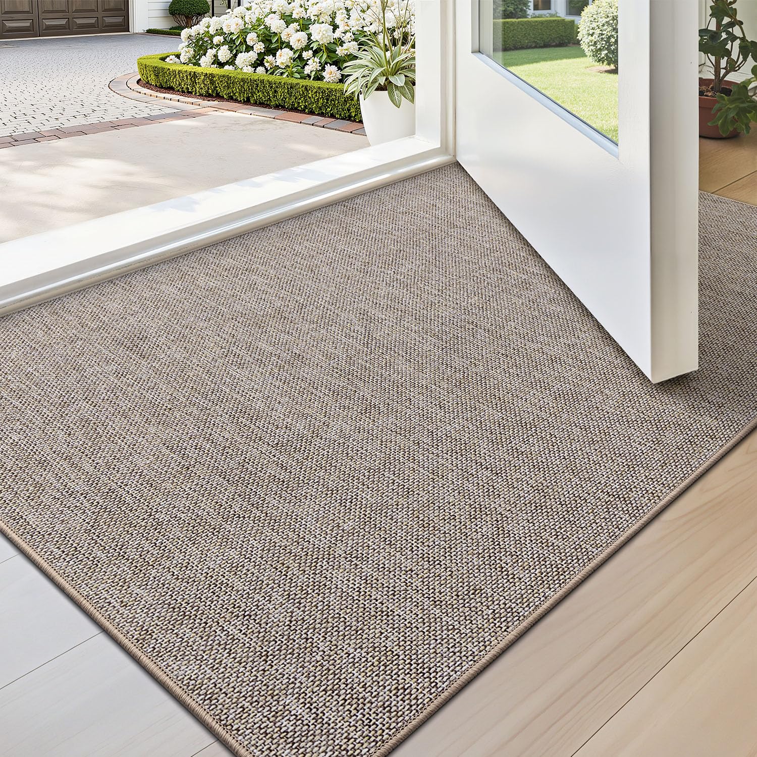 LUMI Ultra Thin Door Mat for Entryway, Low Profile Non Slip Rubber Backing Indoor Doormat, Easy Clean Welcome Entrance Mat for Inside House, Patio, Beige, 43 x 80 cm