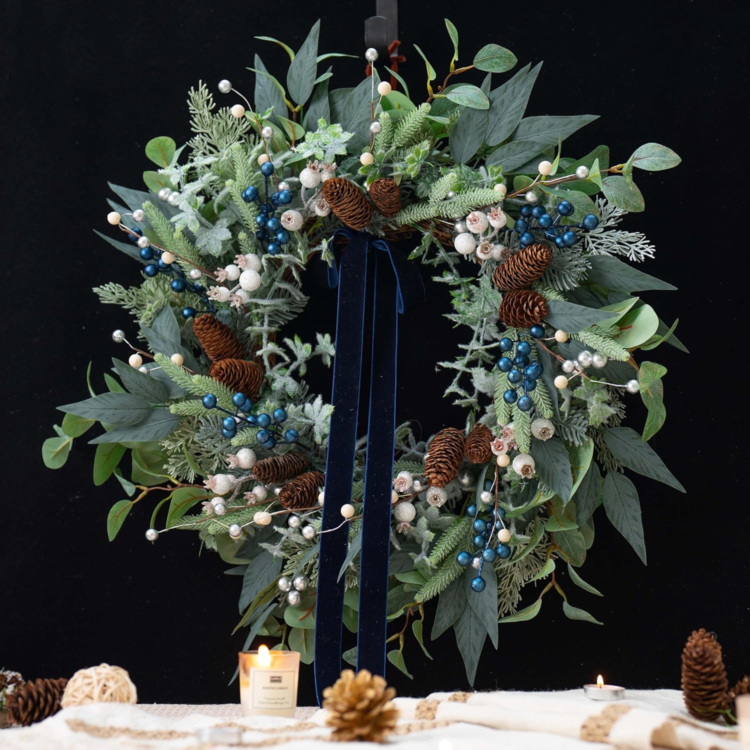 Winter Wreaths for Front Door 24 Inch Green Olive & Eucalyptus Wreath with Silver & White Berries, Pine Cones and Blueberries, Christmas & Holiday Indoor Outdoor Decor