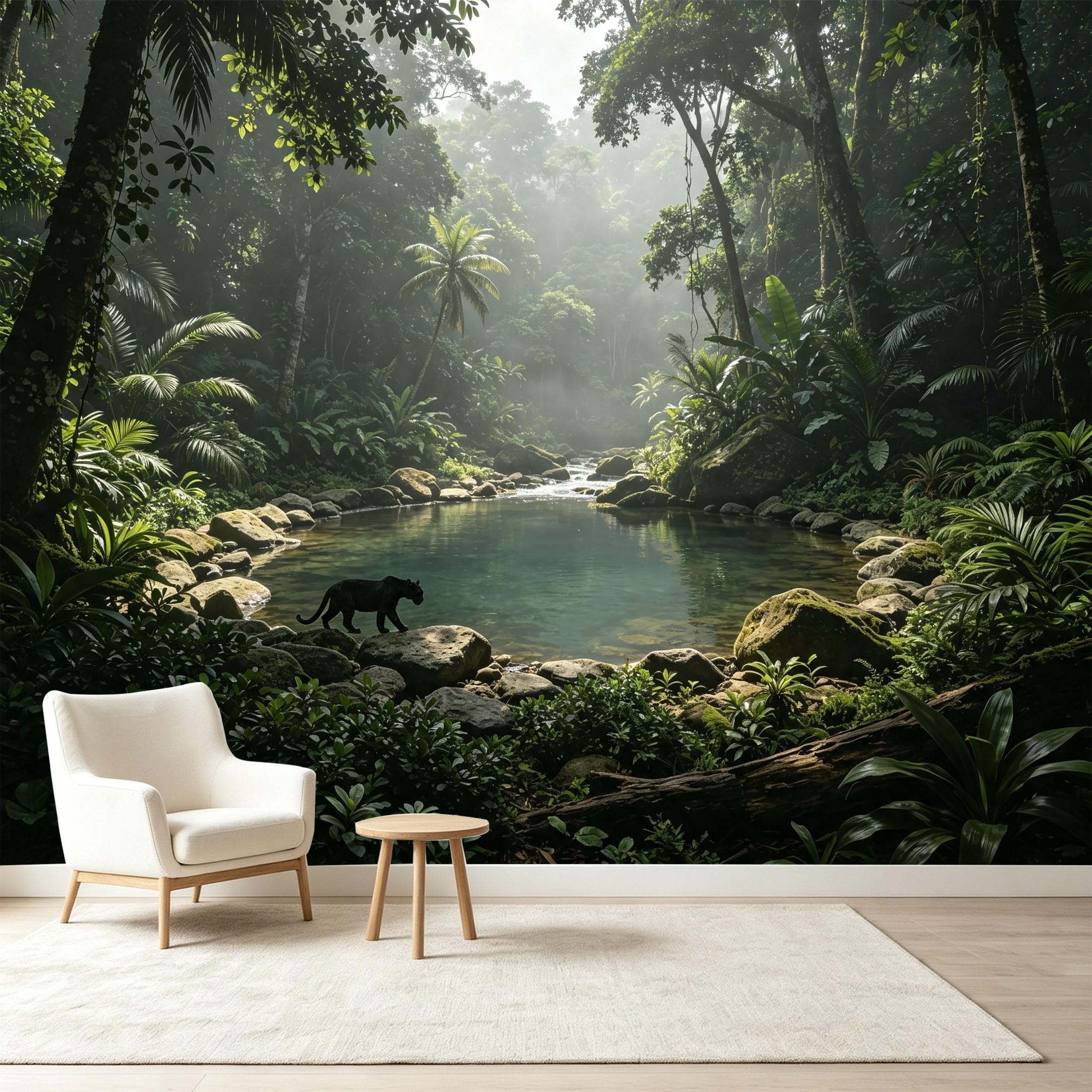 Custom Size Wall Murals Tropical Jungle Rainforest Panther River Landscape Self-Adhesive Wall Fabric Removable Wallpaper Wall Decor for Living Room Bedroom Bathroom