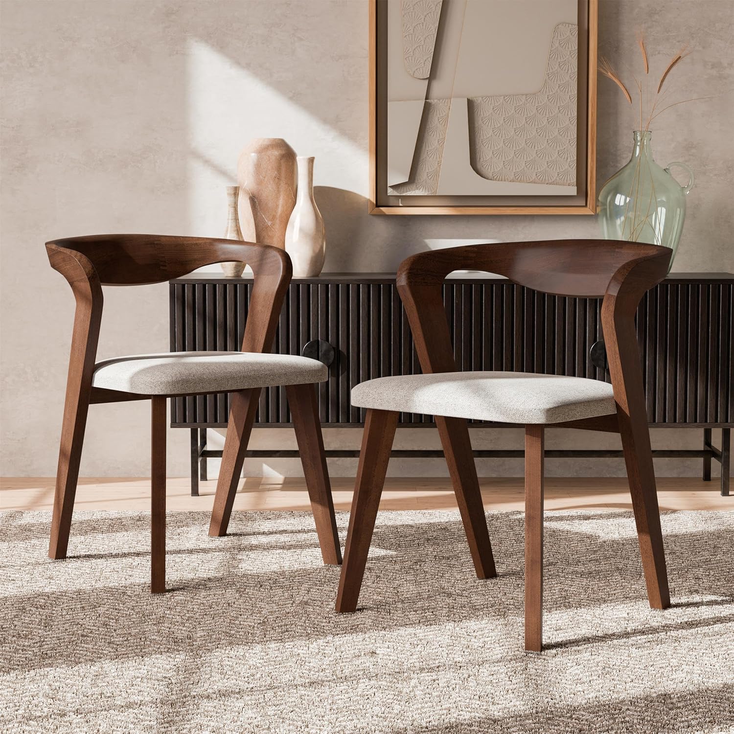 Furniture of America Nazaen II Mid-Century Modern Solid Wood 21.5-inch Side Chairs with Semi-Handmade and Premium Upholstery Material for Curved Seats for Kitchen, Dining Room, Rich Walnut (Set of 2)