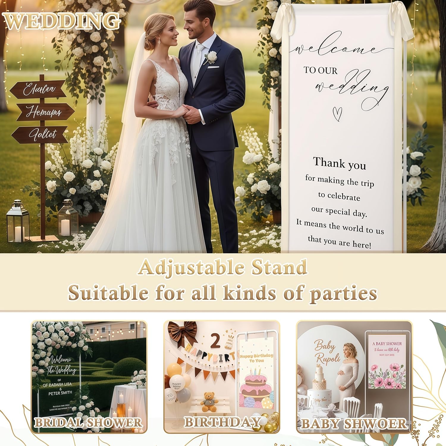 Lumina Wedding Welcome Sign Stand With Linen Sign with Satin Ribbon Adjustable Easel Stand Bridal Shower Welcome Decoration for Garden Ceremony Lawn Outdoor Indoor(Beige)
