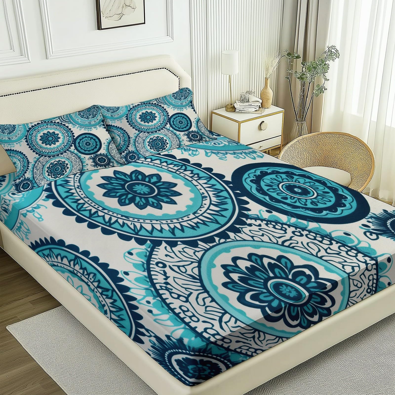 Fitted Sheets 180 x 200 Weiche Luxus Microfaser Böhmisches Mandala Blaugrün Blau für Kinder & Erwachsene, Bedrucktes Spannbettlaken Bettlaken Set,Geeignet für Matratzen bis 31cm Blaugrün Blau Weiß