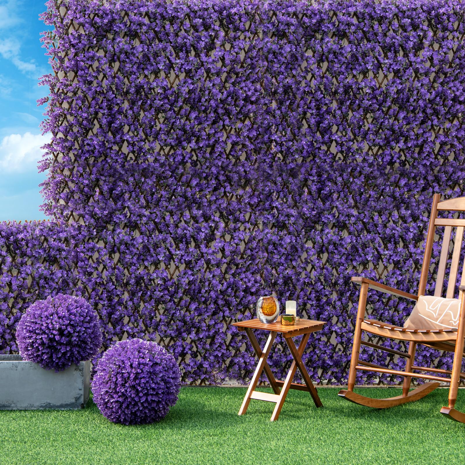 RELAX4LIFE erweiterbare Pflanzenwand, dekorativer Sichtschutzzaun aus künstlichem lila Eucalyptus, sonnenschützende deko Pflanzen Paneele für Garten & Balkon & Hauswand & Terrasen (Lila)