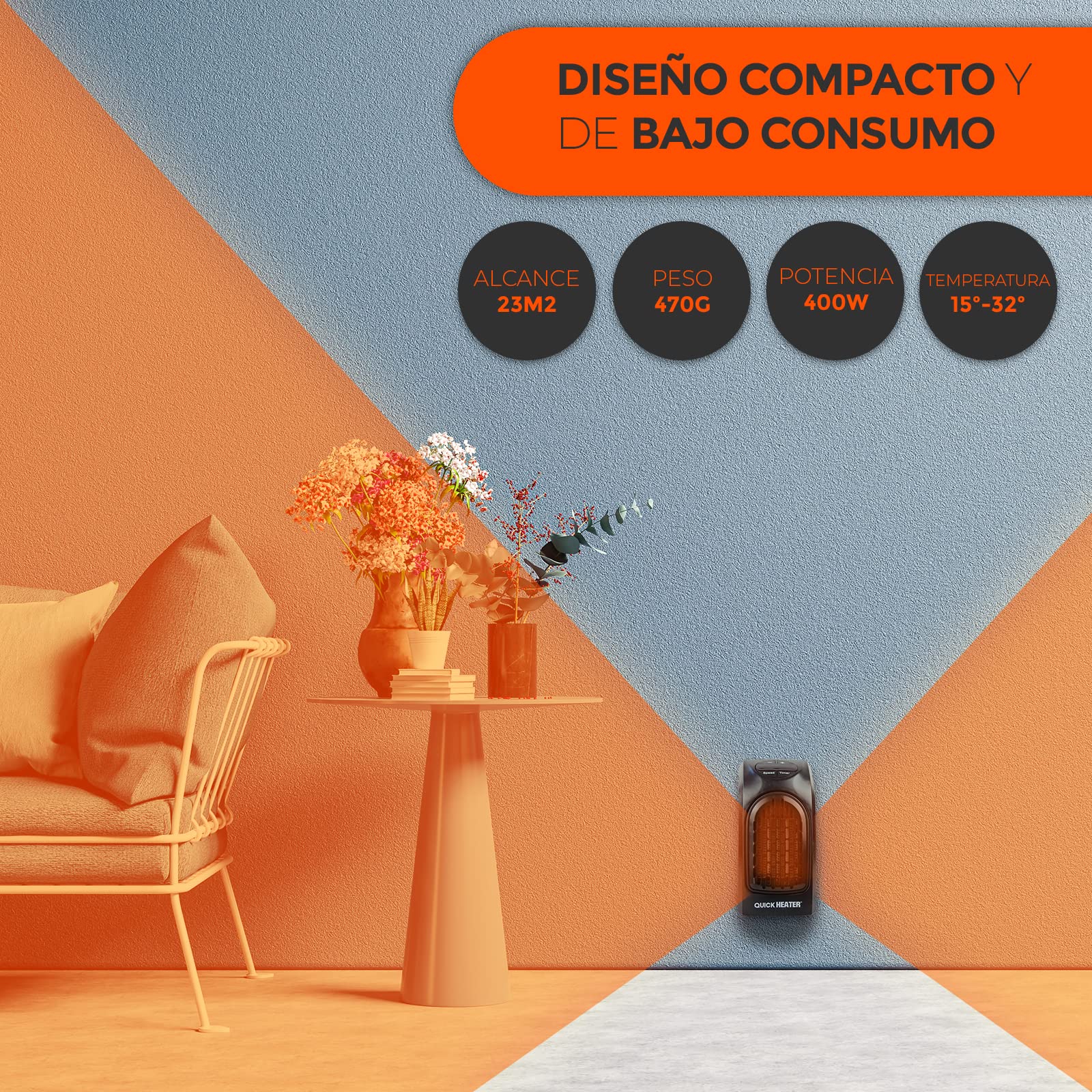Mini radiatore elettrico piccolo | Riscaldatore basso consumo | Potenza 400 W | Programmabile fino a 12 ore | Temperatura regolabile